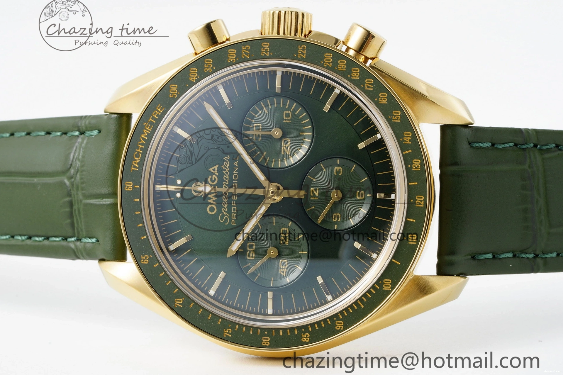 0512 Speedmaster Moonwatch in Moonshine Gold YG RMF Best Edition Green Dial on Green Leather Strap Manual Chrono EasyCare 7832